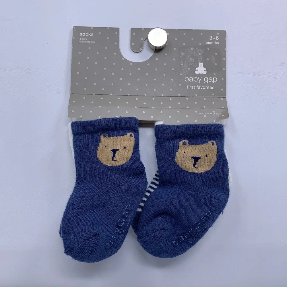 Baby Gap Baby 3-6 Months Blue Bear Striped Cushioned 3PK Socks NWT